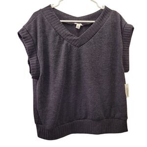 Women V-Neck Knit Blouse Sleeveless Black Sweater Top Size Large